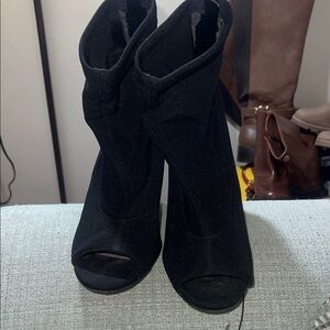 Aldo Black Peep-Toe Sock Booties with Block Heel